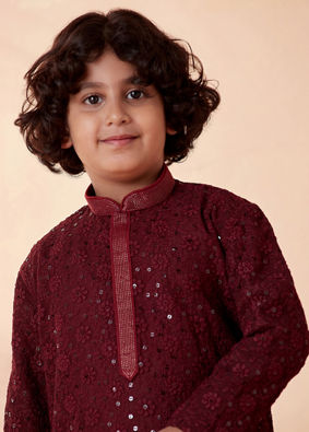 alt message - Manyavar Boys Boys Wine Chikan Kurta Set image number 0