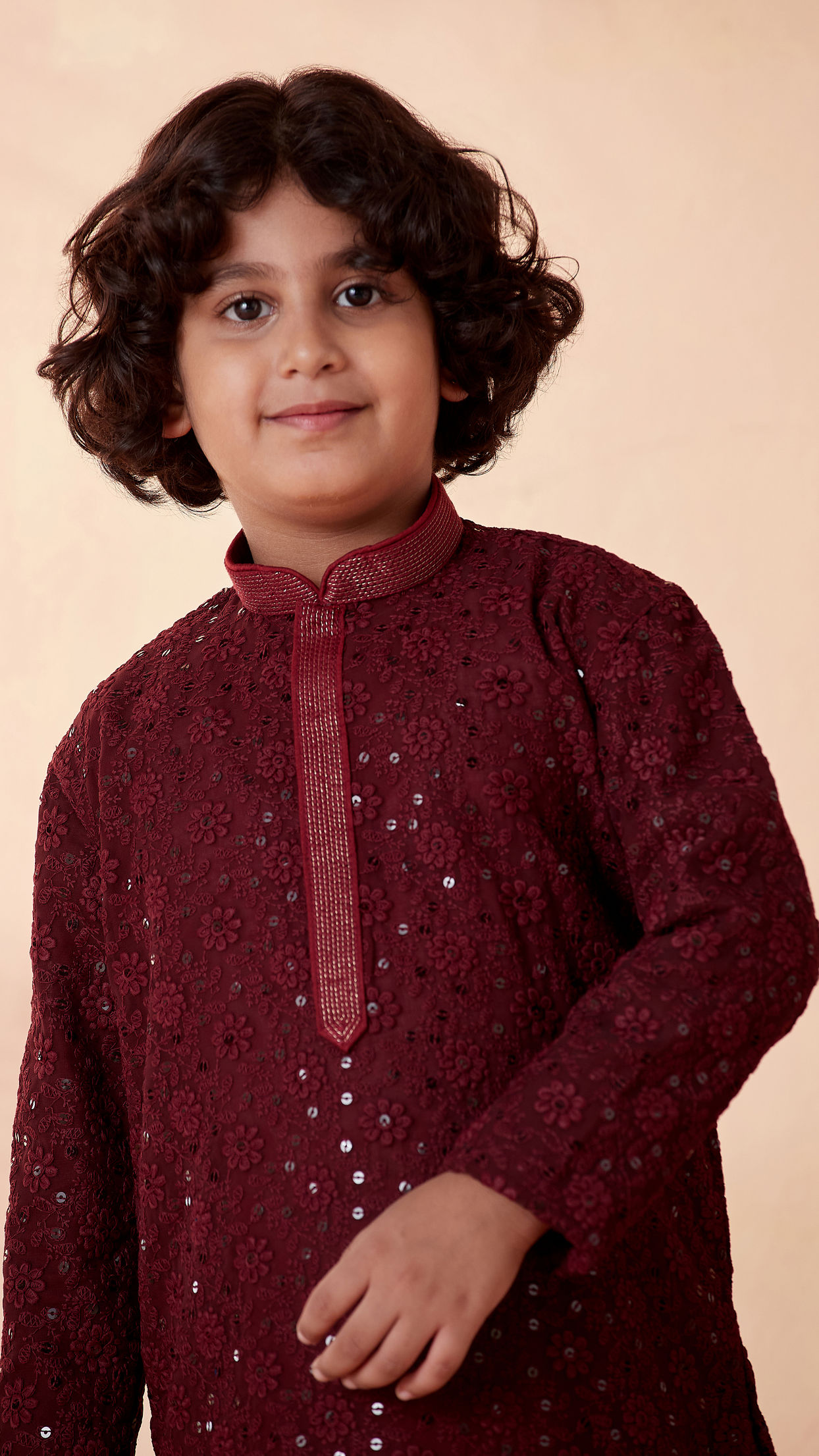 Boys Wine Chikan Kurta Set image number 0