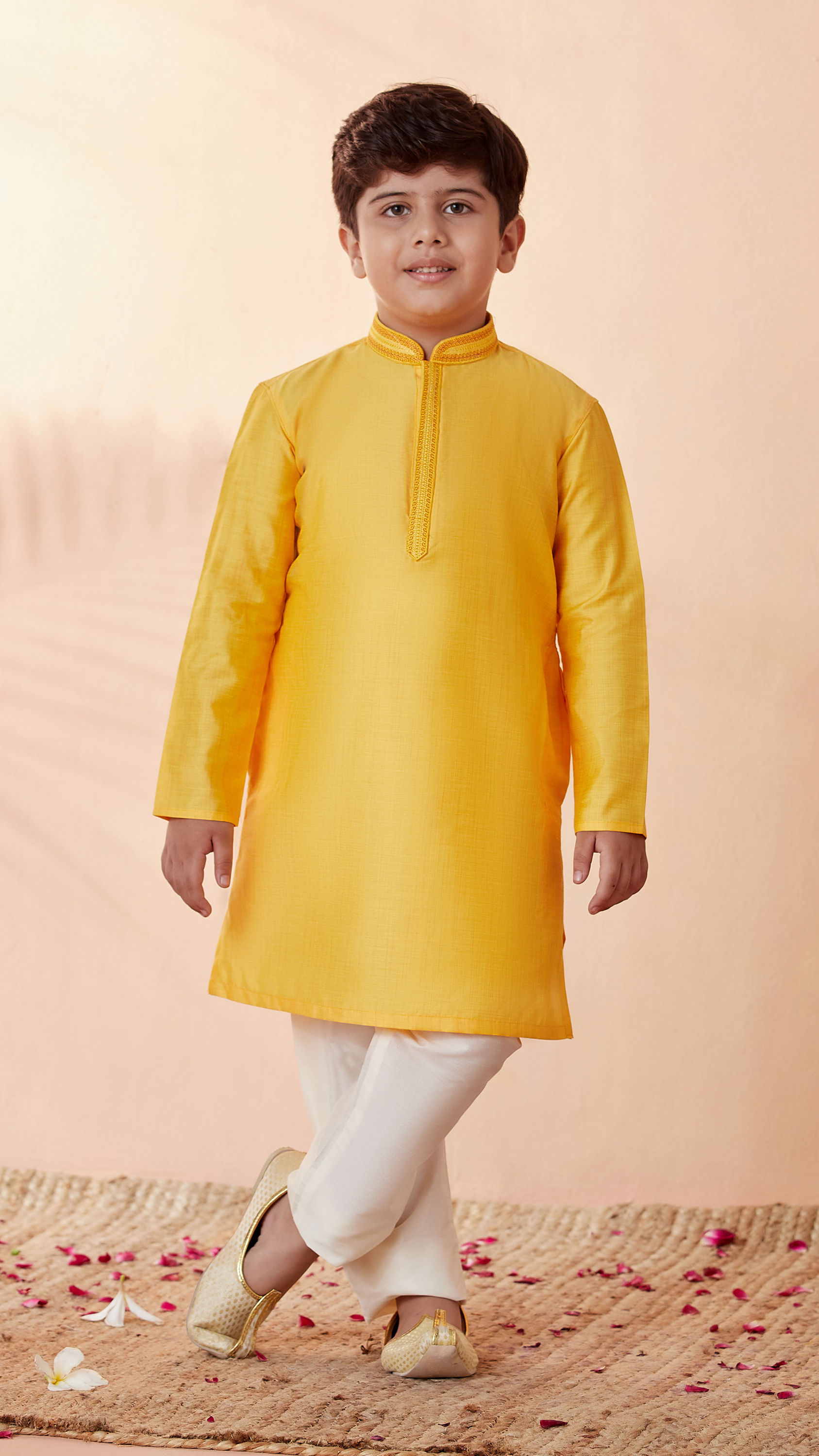 Manyavar Boys Boys Mustard Yellow Solid Kurta Set