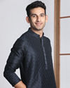 Manyavar Men Navy Blue Self Design Kurta Pajama