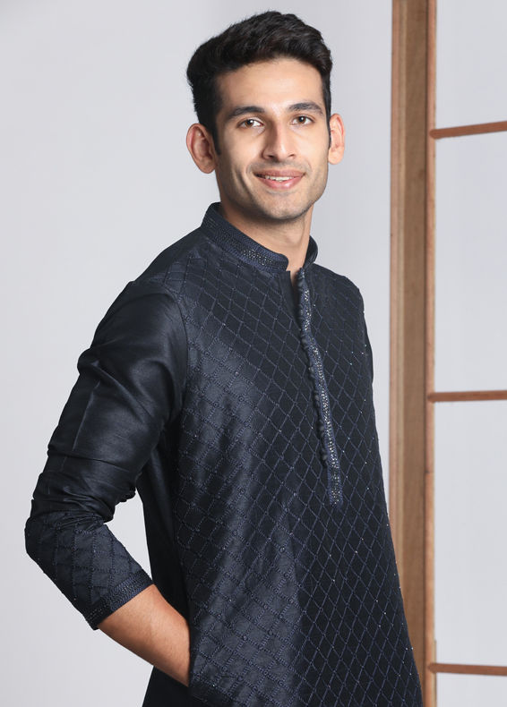Manyavar Men Navy Blue Self Design Kurta Pajama