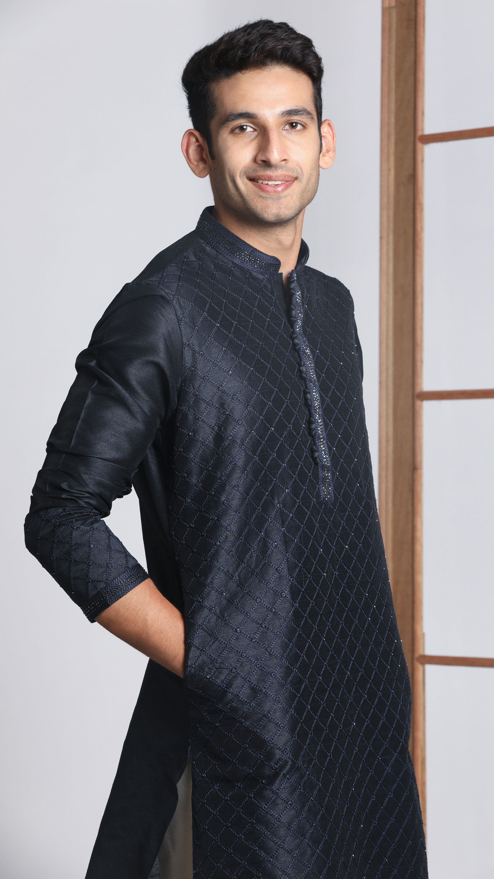Manyavar Men Navy Blue Self Design Kurta Pajama