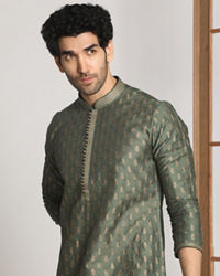 Manyavar Men Bottle Green Festive Kurta With Golden Motifs