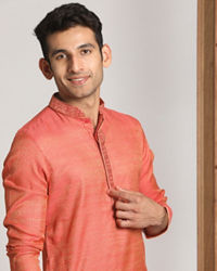 Manyavar Men Rust Pink Self Design Kurta Set