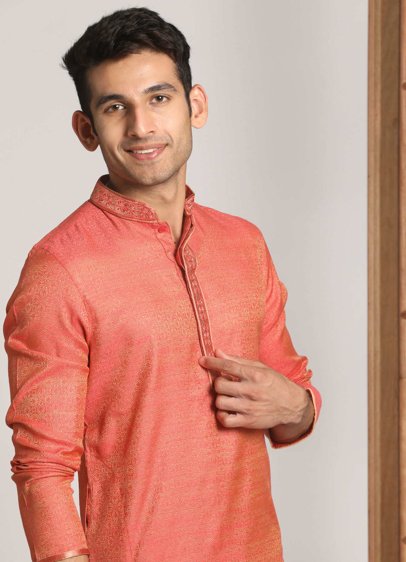 Manyavar Men Rust Pink Self Design Kurta Set