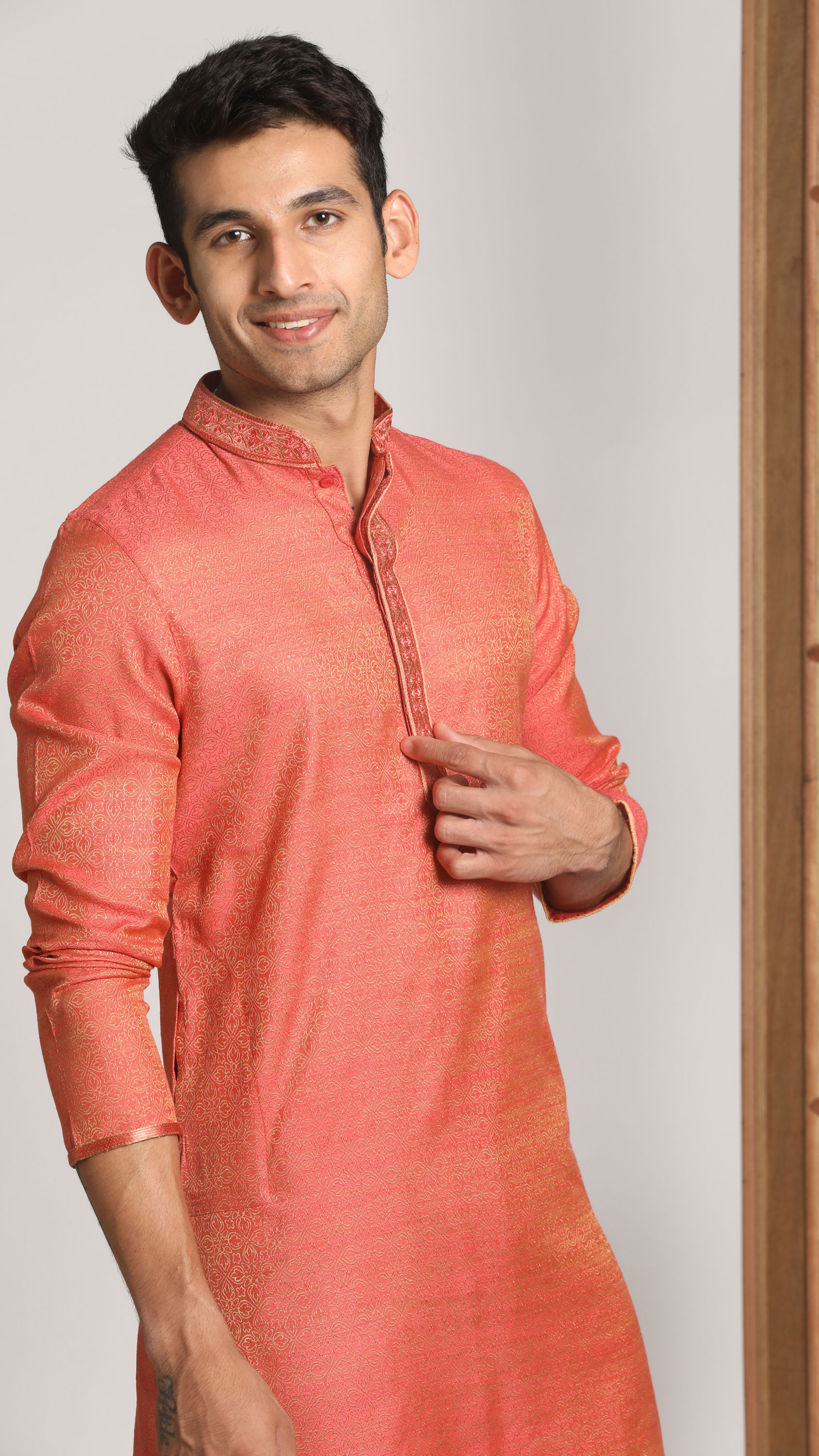 Manyavar Men Rust Pink Self Design Kurta Set