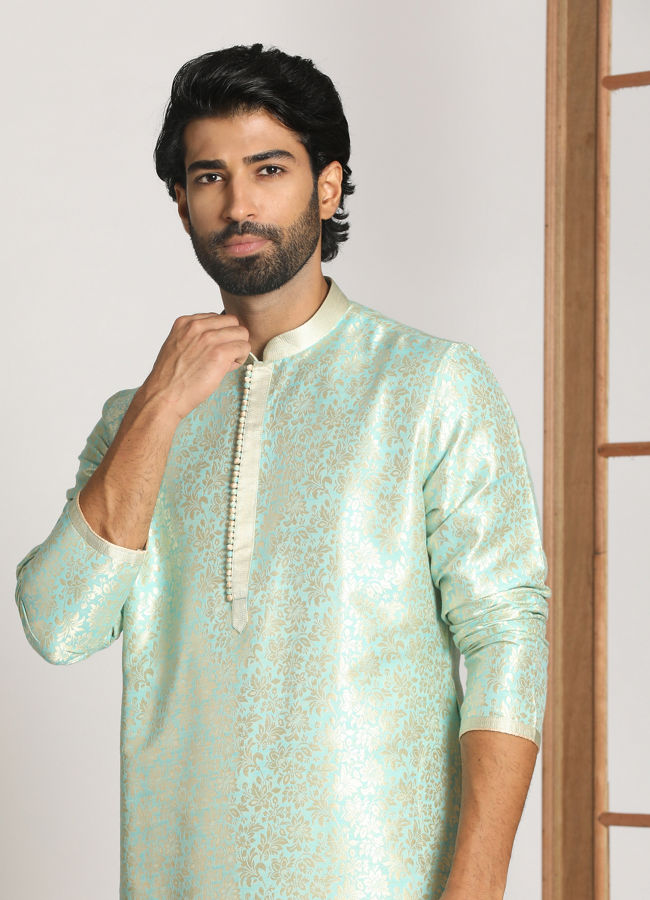 Manyavar Men Pale Blue Kurta Pajama With Floral Motifs image number 0