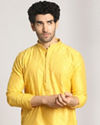 alt message - Manyavar Men Canary Yellow Self Design Kurta Pajama image number 0