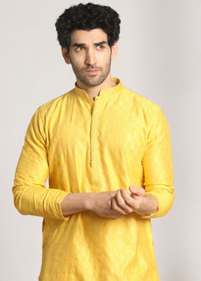 alt message - Manyavar Men Canary Yellow Self Design Kurta Pajama image number 0