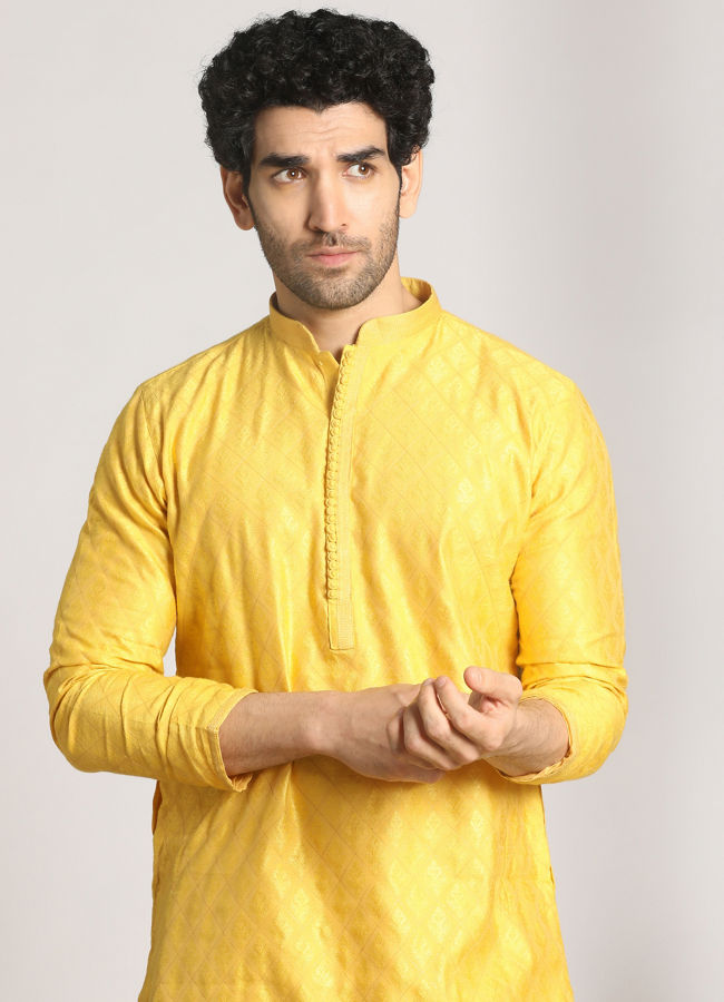 alt message - Manyavar Men Canary Yellow Self Design Kurta Pajama image number 0