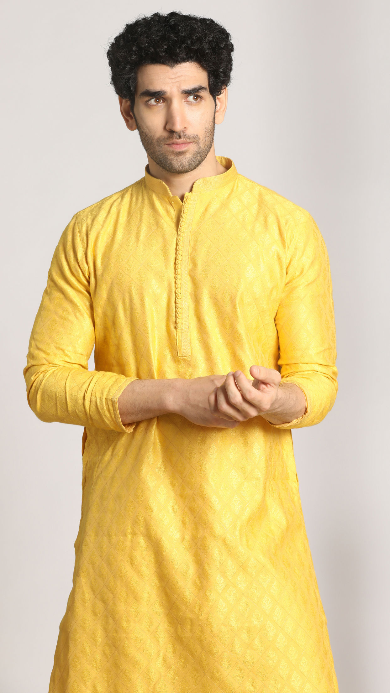 alt message - Manyavar Men Canary Yellow Self Design Kurta Pajama image number 0