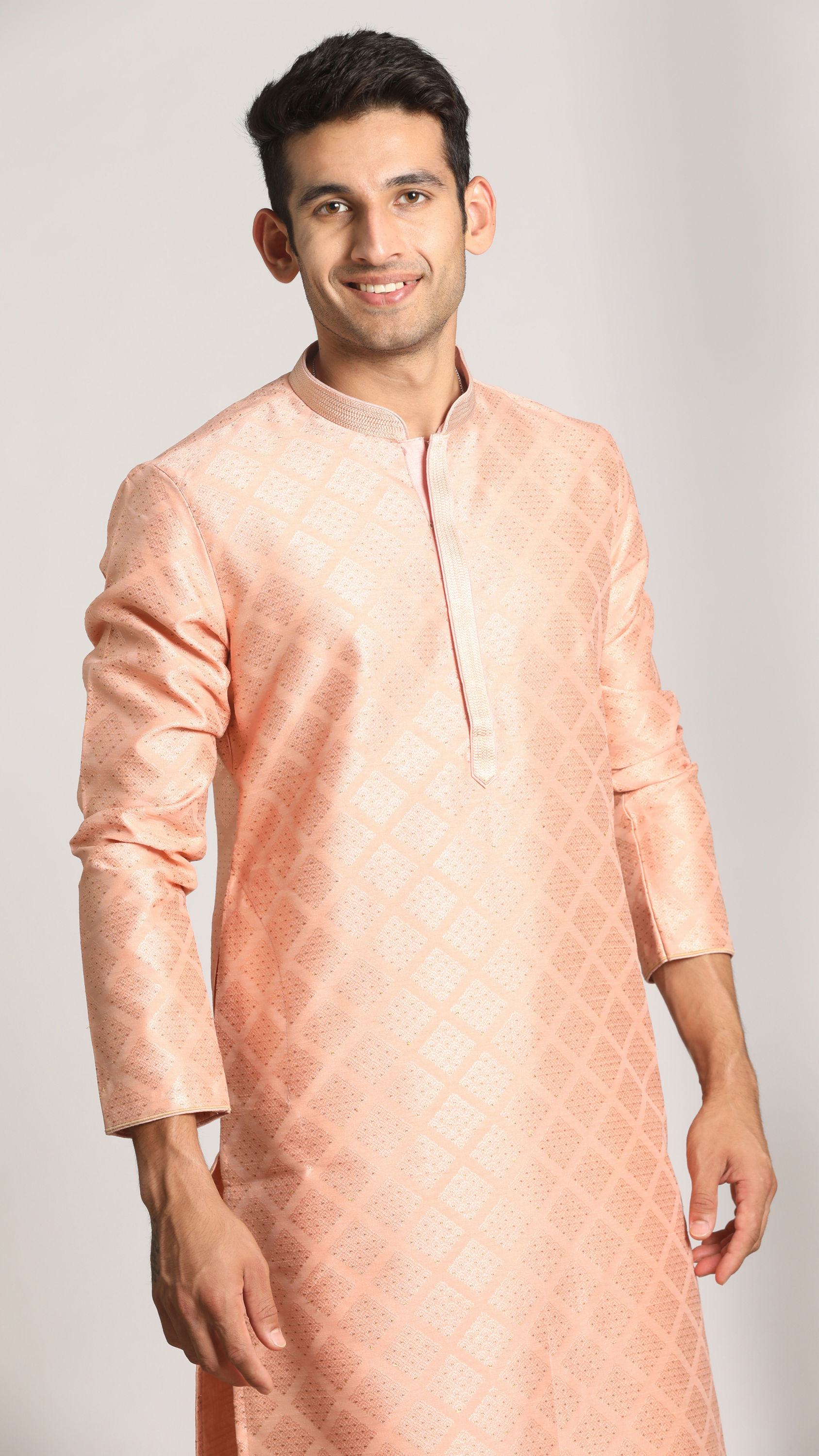 Manyavar Men Salmon Pink Jacquard Kurta Pajama Set