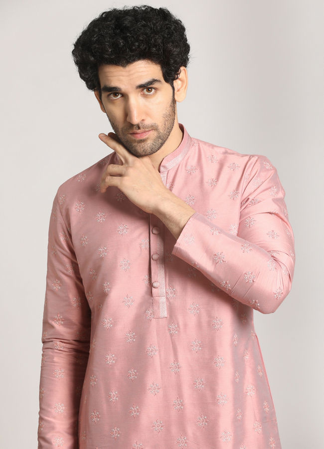 Light Pink Festive Kurta Pajama With Embroidery Work