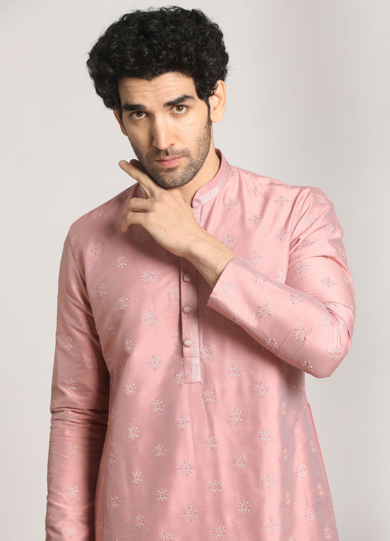 Manyavar Men Light Pink Festive Kurta Pajama With Embroidery Work