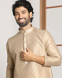 Manyavar Men Light Taupe Self Embossed Kurta Set