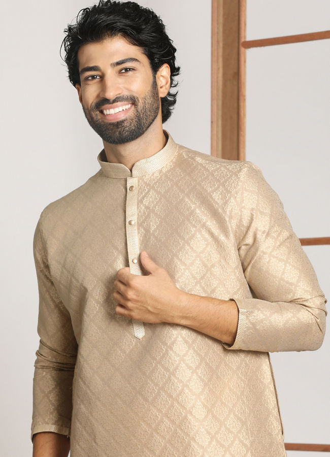 alt message - Manyavar Men Light Taupe Self Embossed Kurta Set image number 0