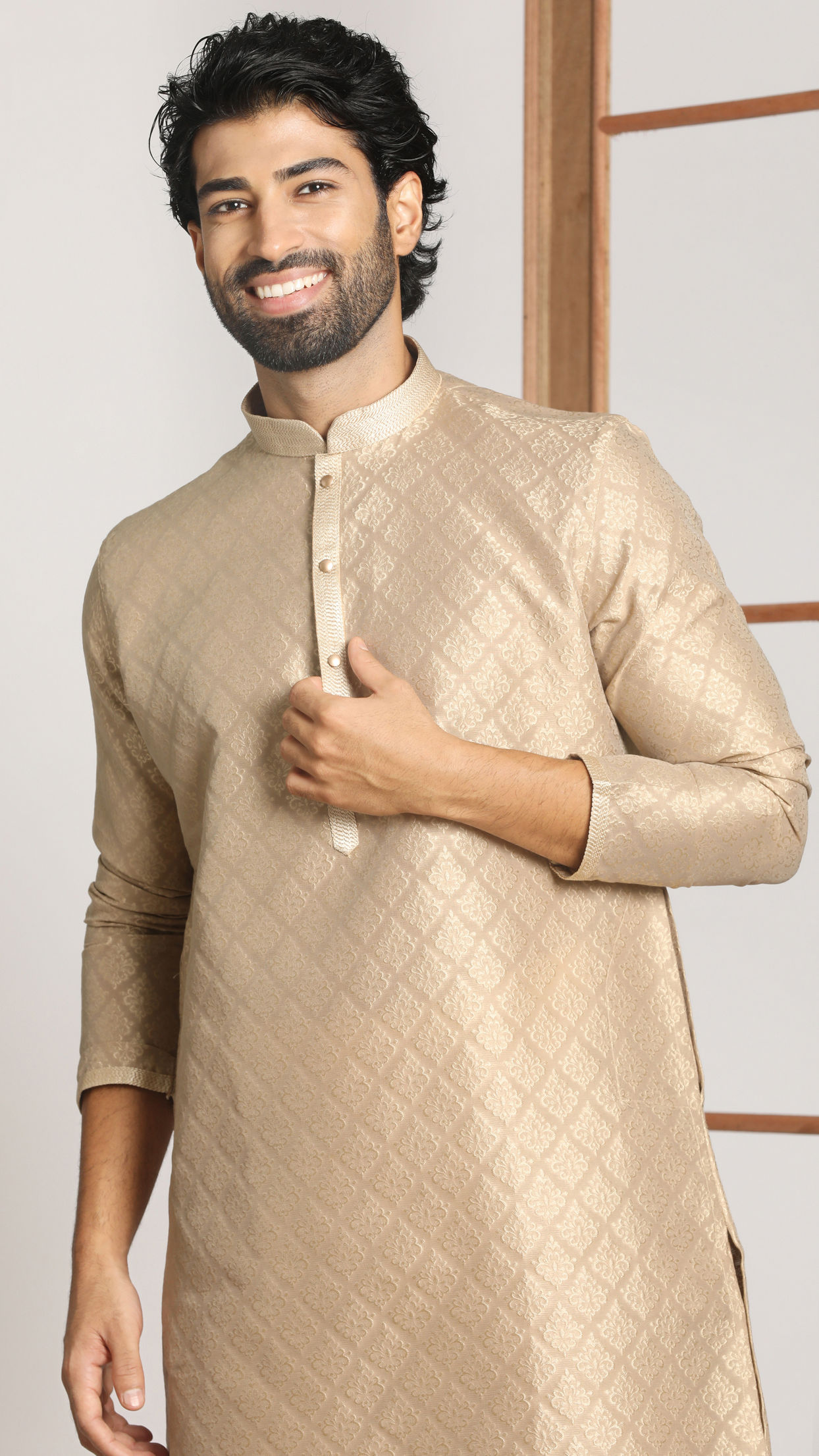 alt message - Manyavar Men Light Taupe Self Embossed Kurta Set image number 0