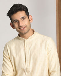 Manyavar Men Cream Self Design Occasion Wear Kurta Pajama