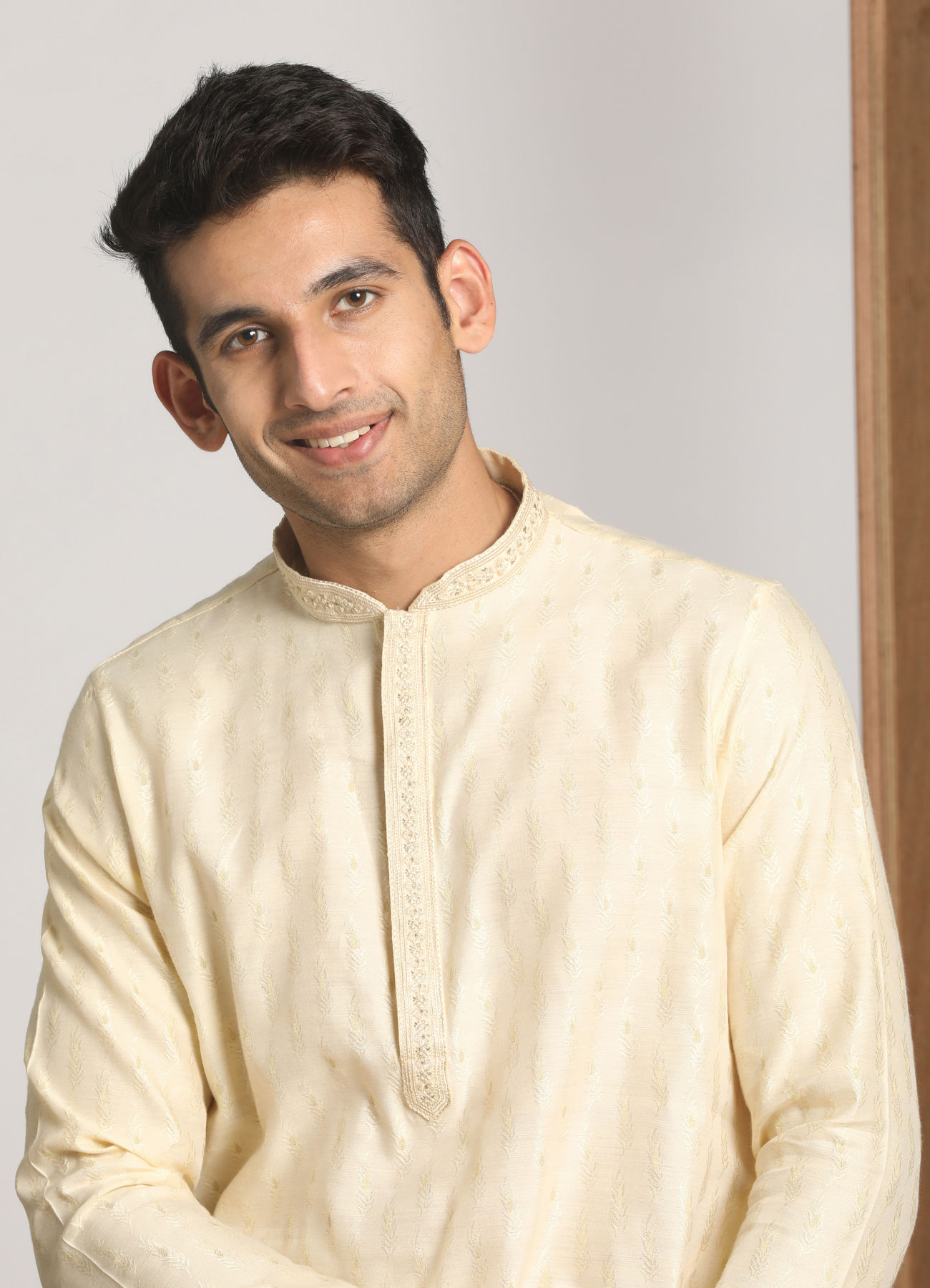 Manyavar Men Cream Self Design Occasion Wear Kurta Pajama