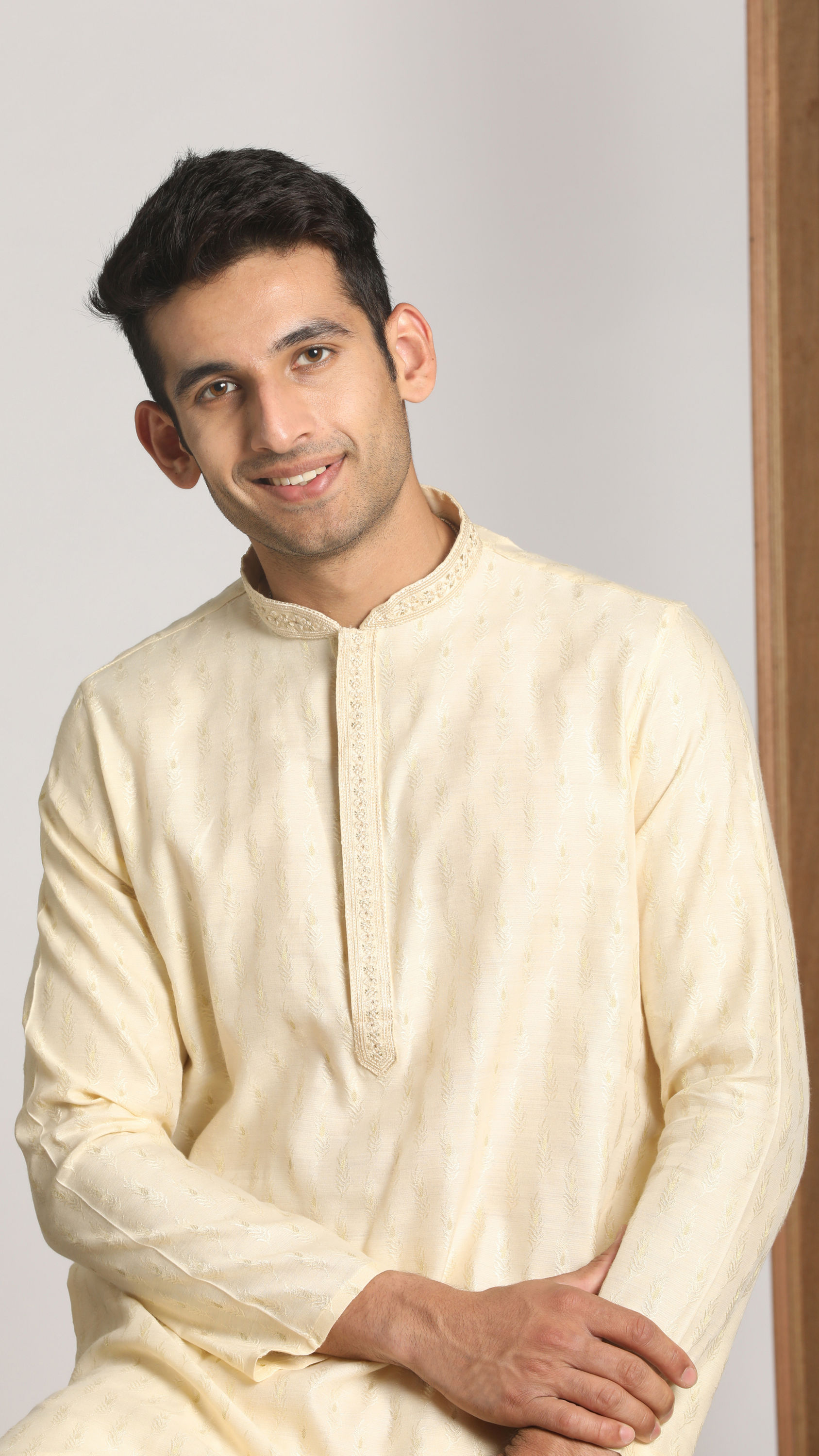 Manyavar Men Cream Self Design Occasion Wear Kurta Pajama