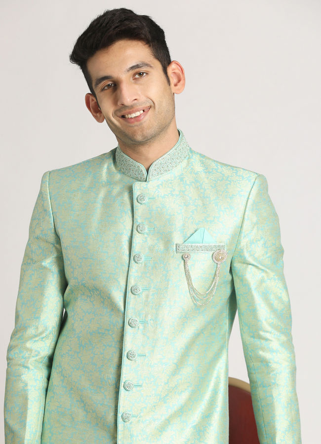 alt message - Manyavar Men Grandiose Green Indo Western Set image number 0