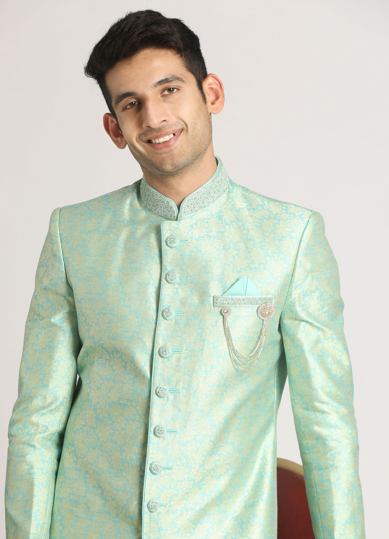 Manyavar Men Grandiose Green Indo Western Set