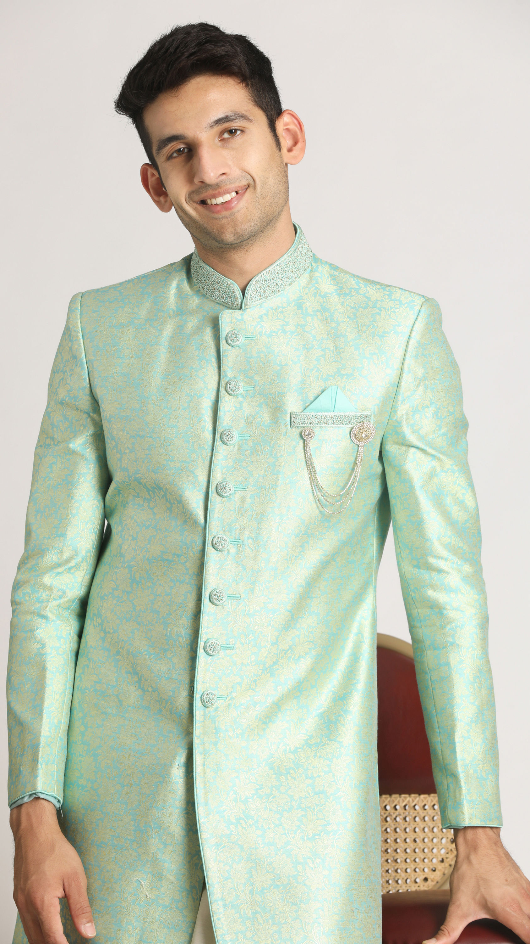 Manyavar Men Grandiose Green Indo Western Set