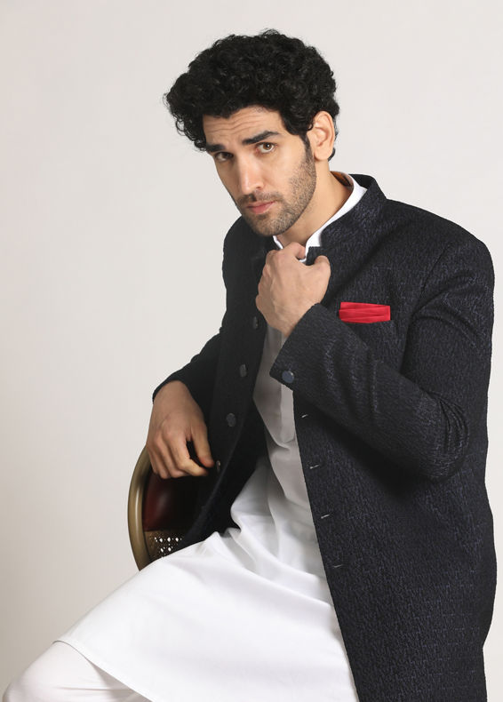Manyavar Men Suave Blue Indo-Western Set