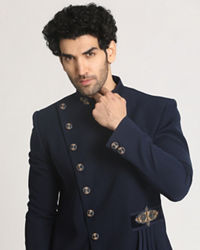 Manyavar Men Navy Blue Draped Indo Western