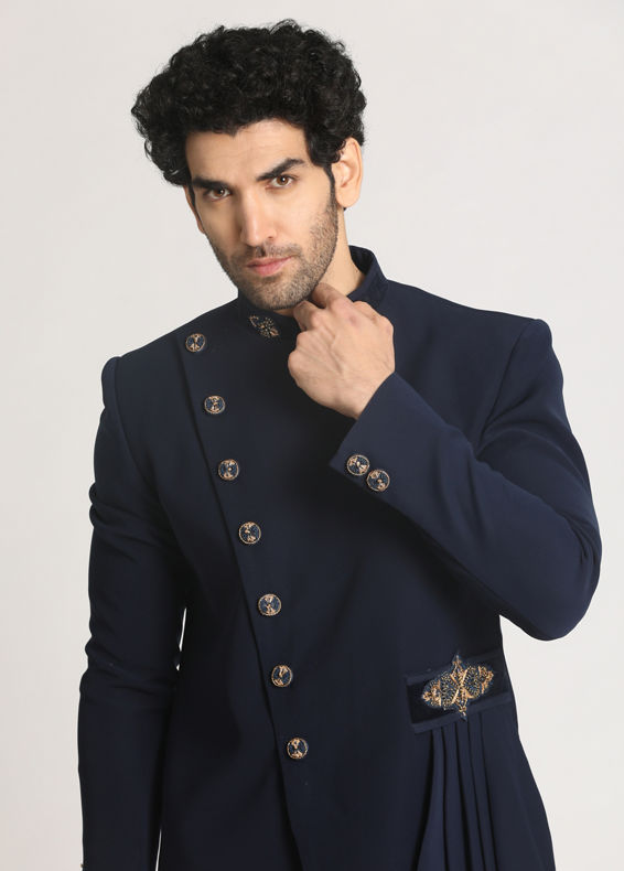 Manyavar Men Navy Blue Draped Indo Western