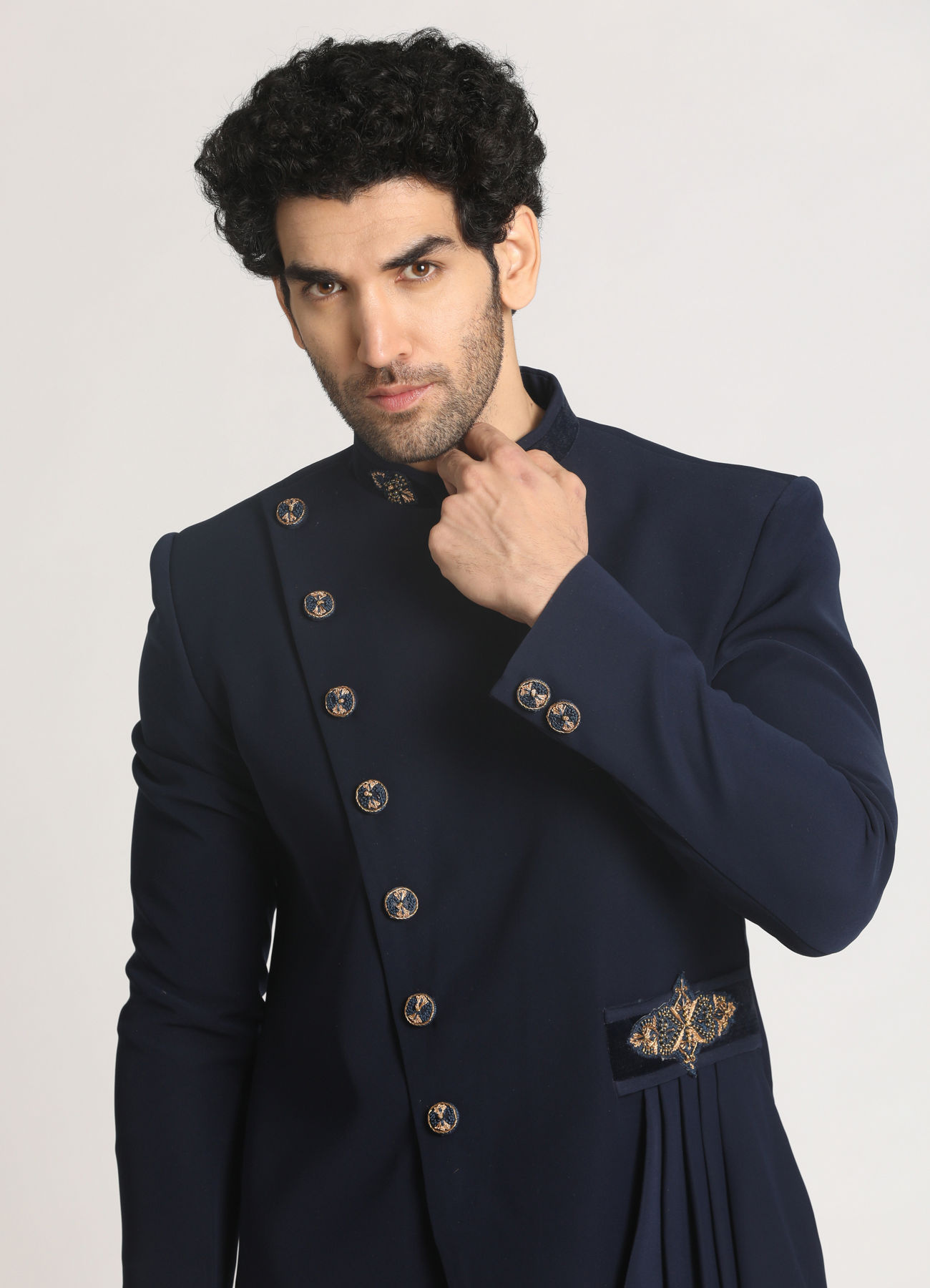 Manyavar Men Navy Blue Draped Indo Western