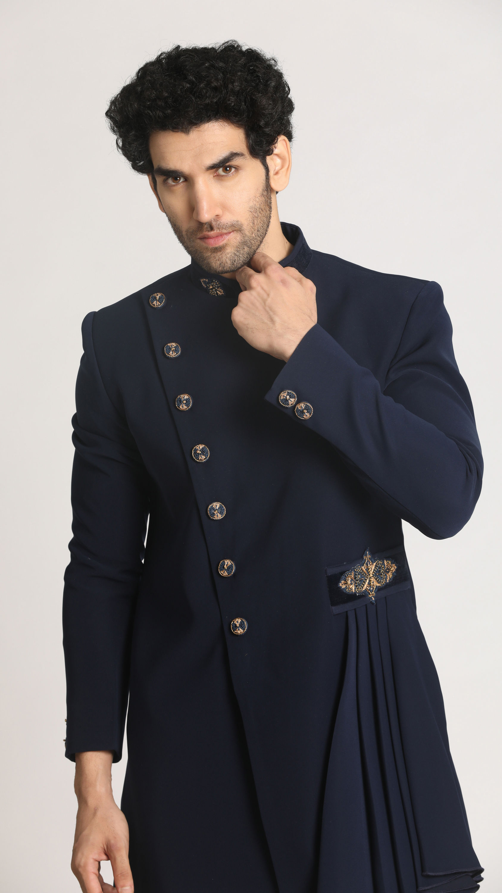 Manyavar Men Navy Blue Draped Indo Western