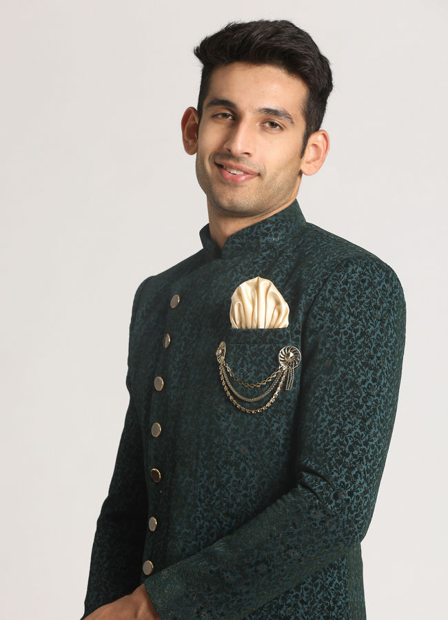 alt message - Manyavar Men Emerald Green Achkan Indo Western image number 0