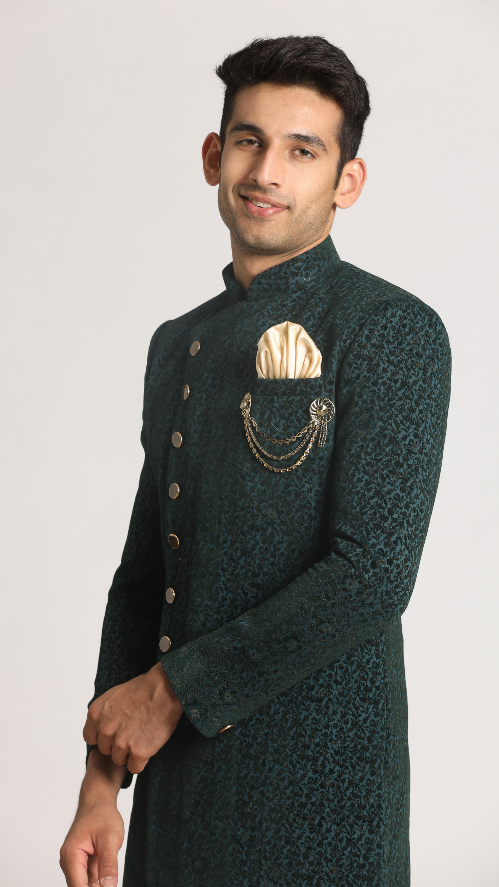 Manyavar Men Emerald Green Achkan Indo Western