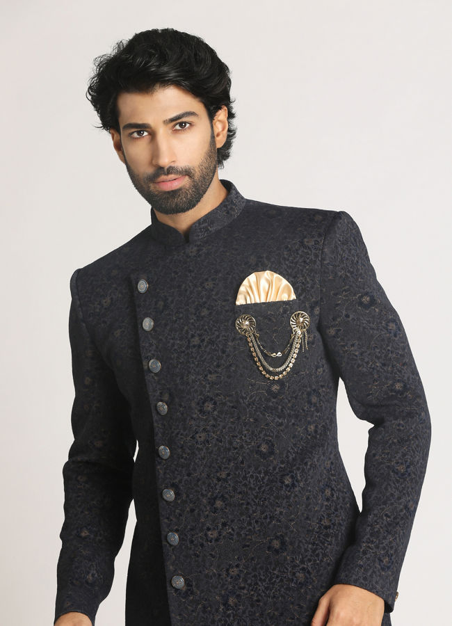 alt message - Manyavar Men Dark Blue Achkan Indo Western image number 0