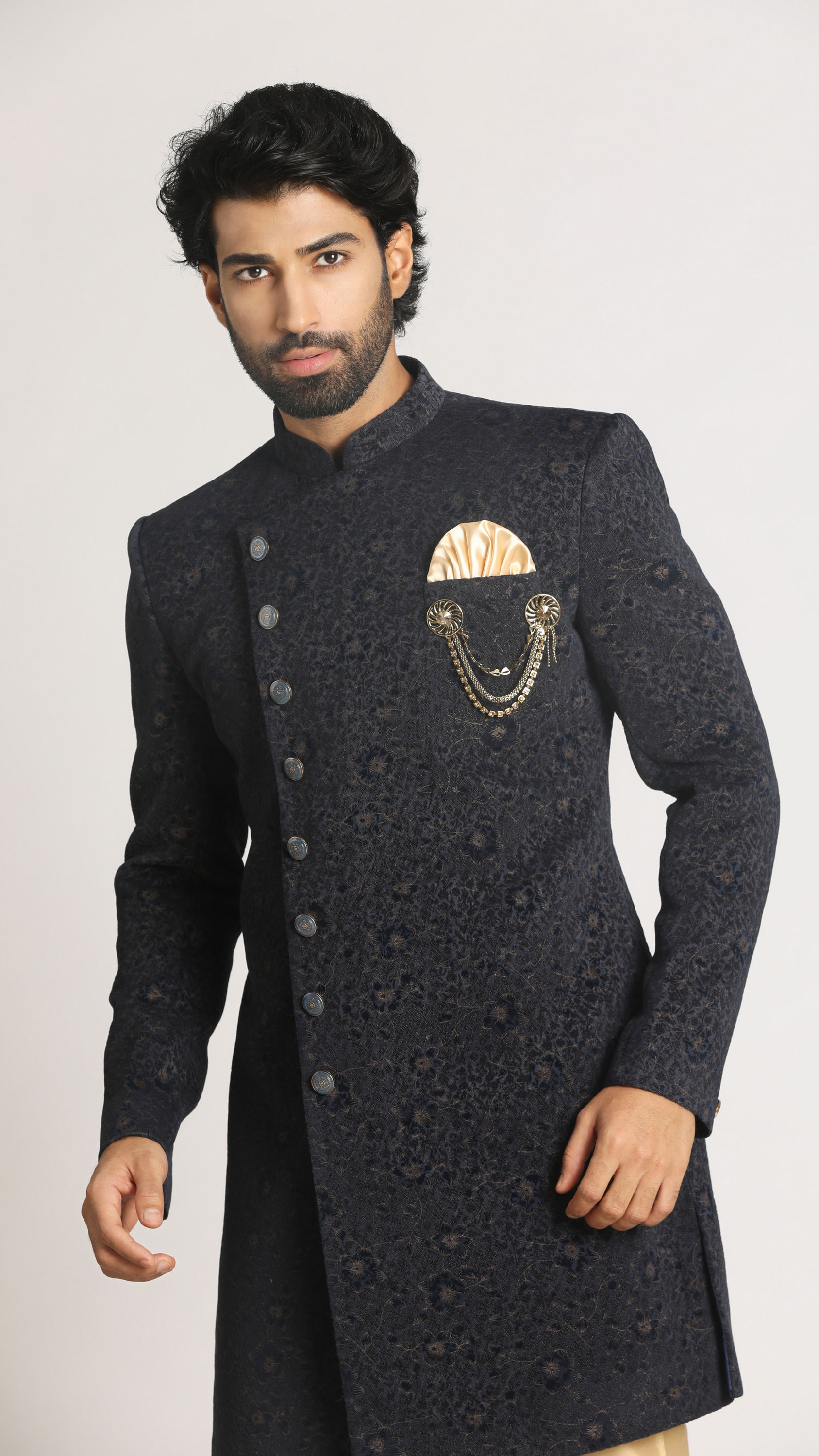 Manyavar Men Dark Blue Achkan Indo Western