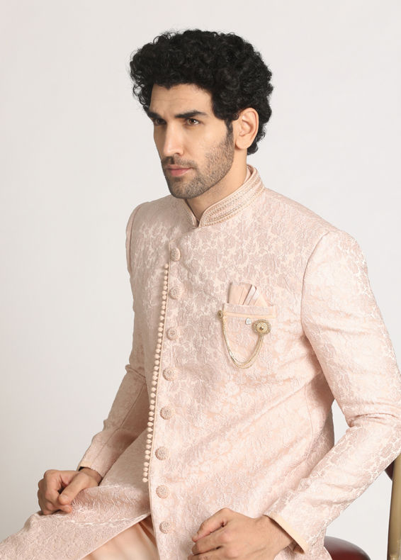 Manyavar Men Powder Pink Self Design Indo Western