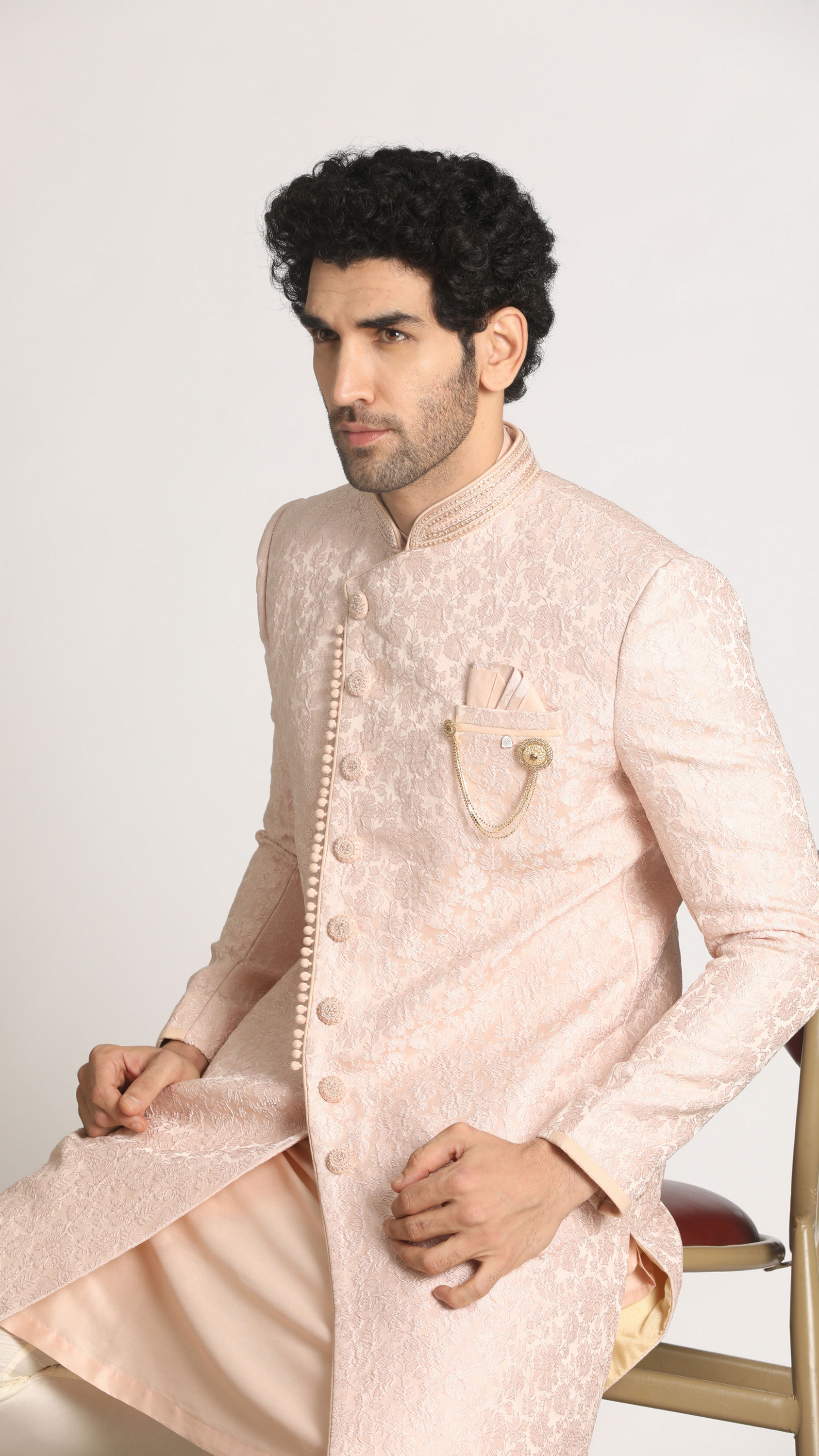 Manyavar Men Powder Pink Self Design Indo Western