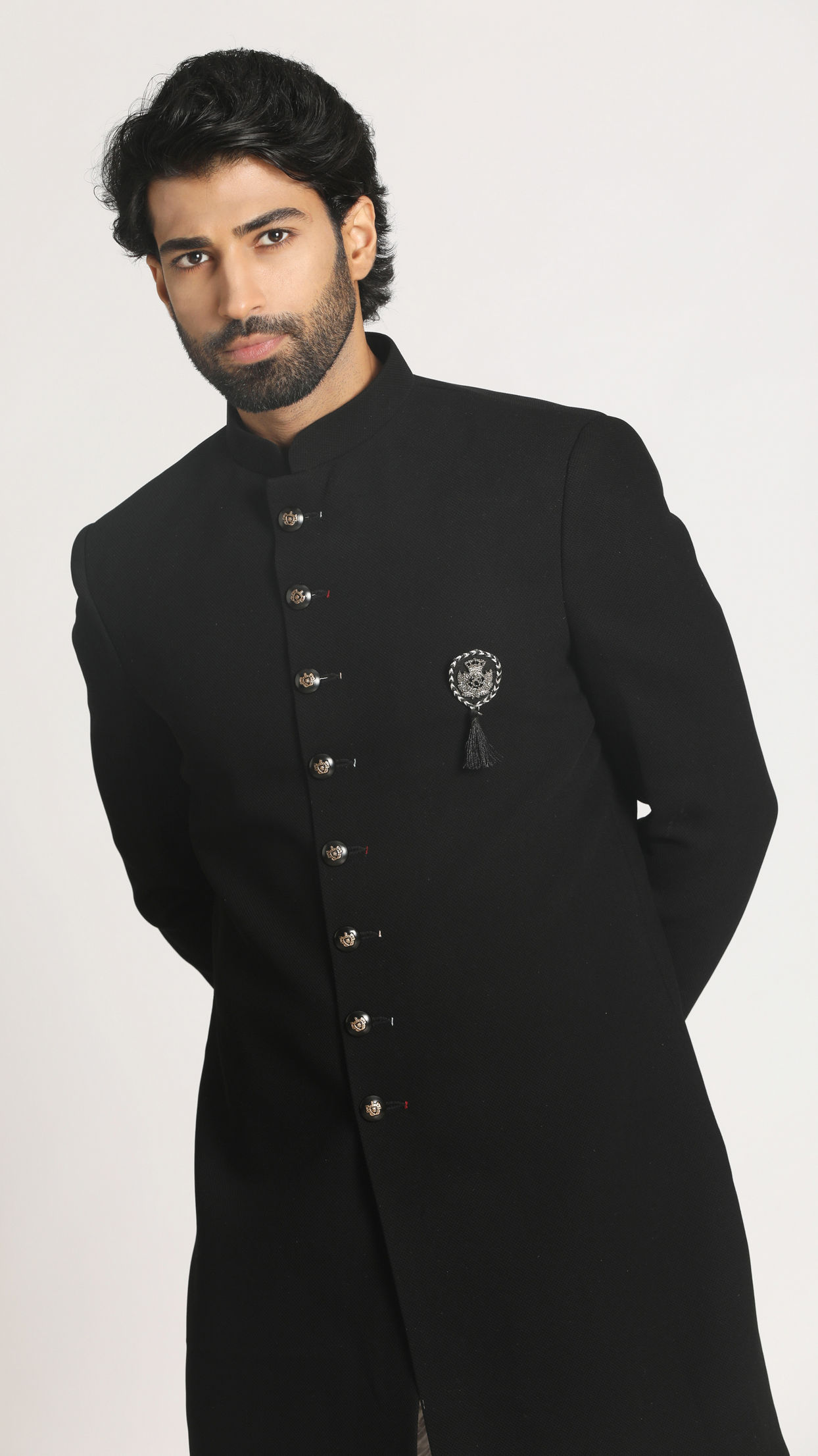 alt message - Manyavar Men Majestic Black Knitted Indo Western Set image number 0