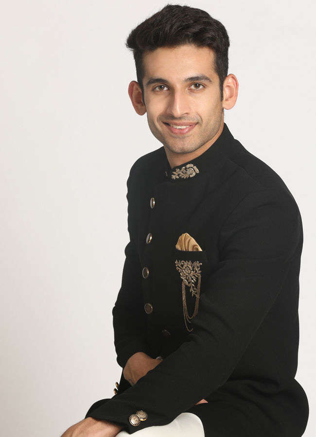 alt message - Manyavar Men Bold Black Indo Western Set image number 0