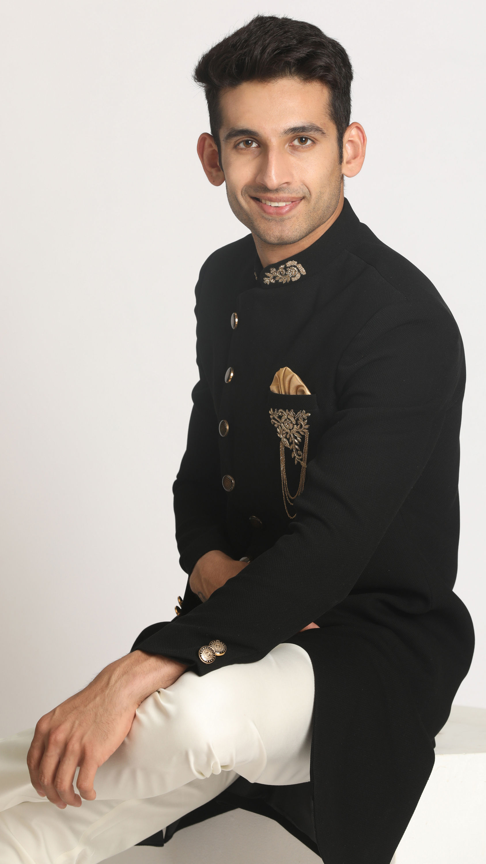 Manyavar Men Bold Black Indo Western Set