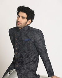 Manyavar Men Dark Blue Indo Western With Grey Pattern