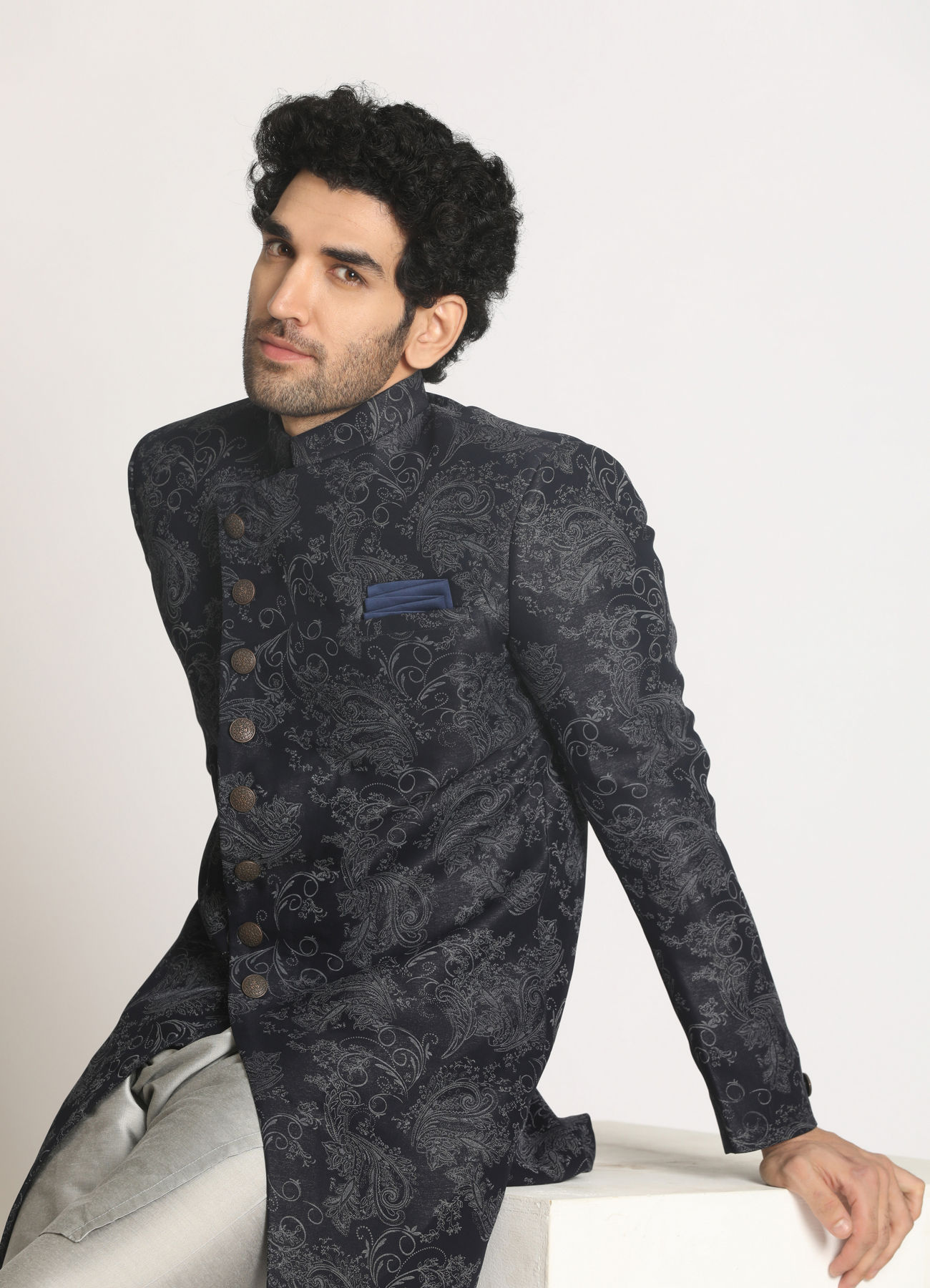 Manyavar Men Dark Blue Indo Western With Grey Pattern