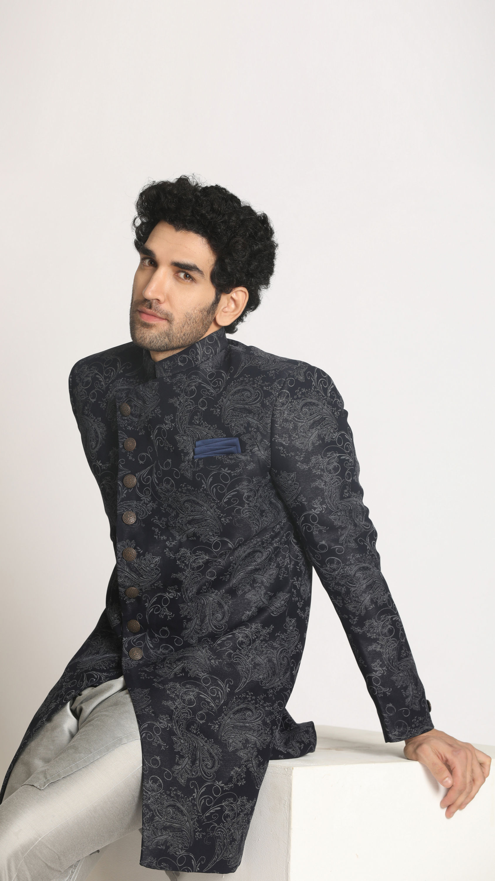 Manyavar Men Dark Blue Indo Western With Grey Pattern