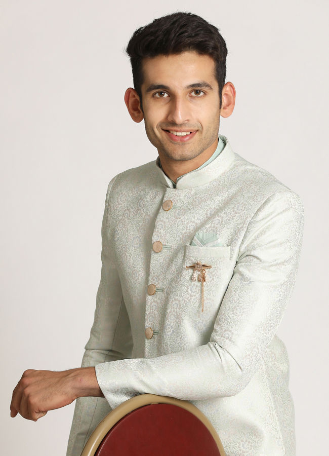 alt message - Manyavar Men Aqua Green Self Design Indo Western image number 0