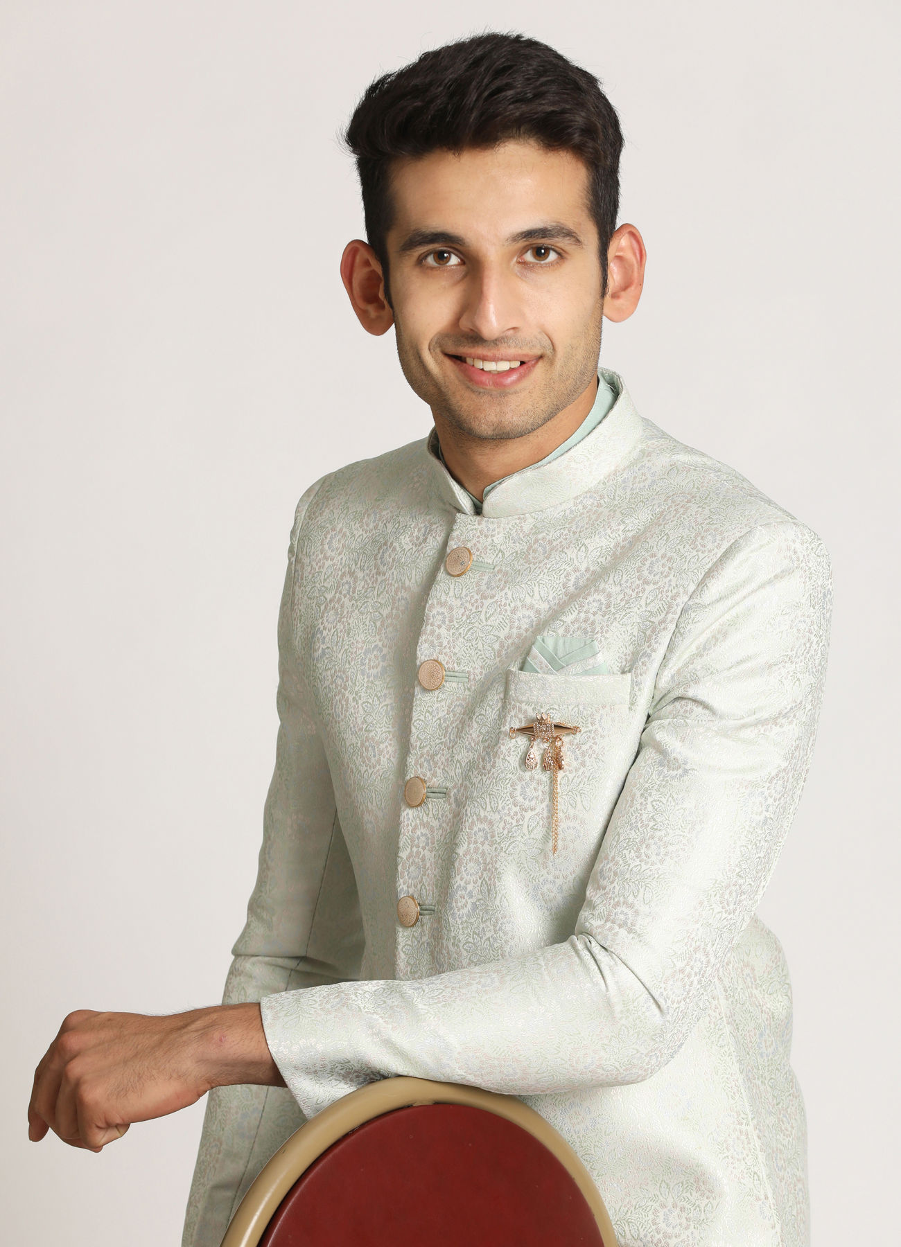 Manyavar Men Aqua Green Self Design Indo Western