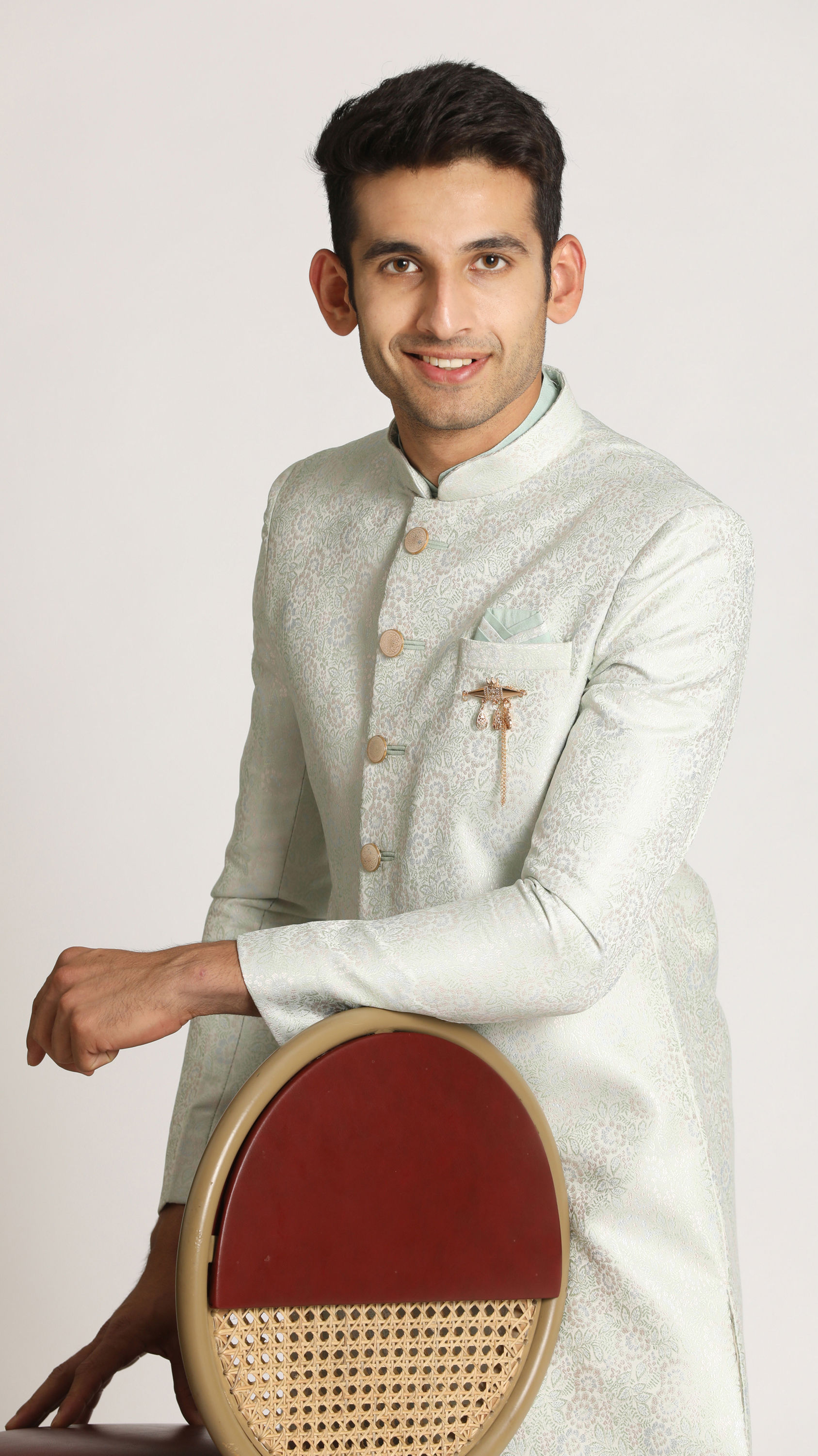 Manyavar Men Aqua Green Self Design Indo Western