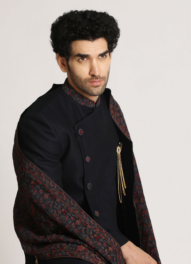 alt message - Manyavar Men Dark Blue Indo Western With Dupatta image number 0