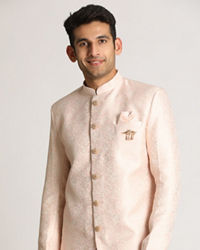 Manyavar Men Pastel Pink Self Design Indo Western