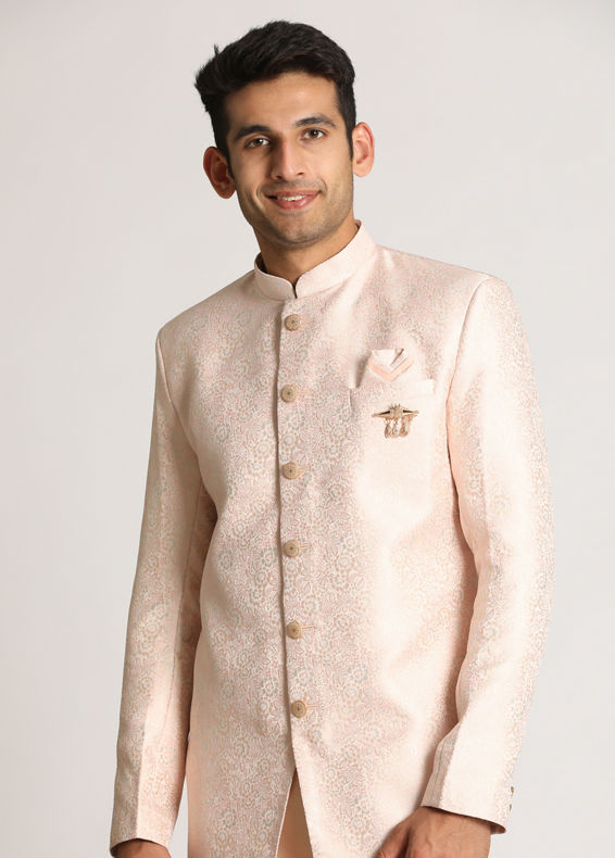 Manyavar Men Pastel Pink Self Design Indo Western